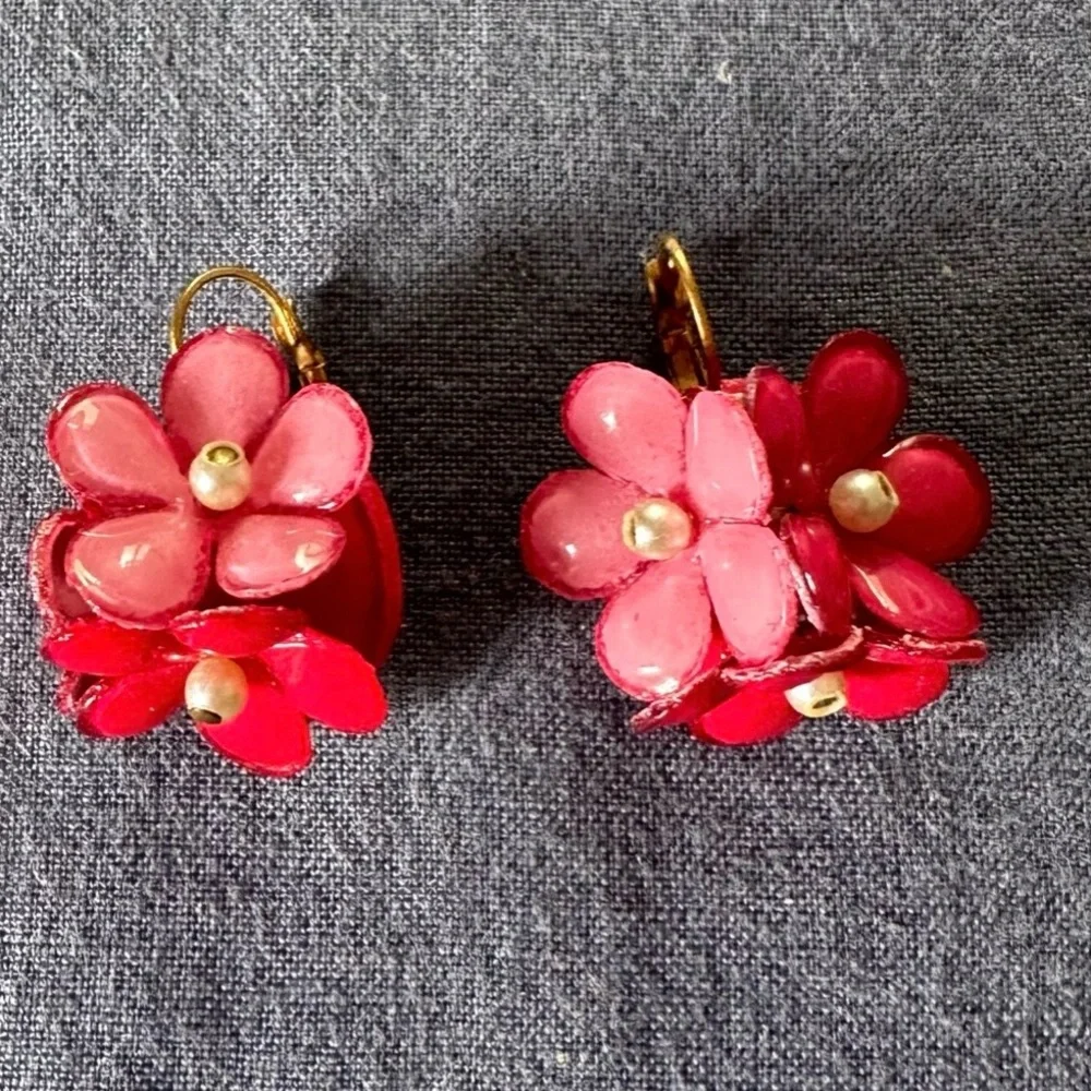 Ciléa Paris Drop Earrings. 2-tone Pink w/ Resin’d Leather & Pearl Beads. - Picture 1 of 10